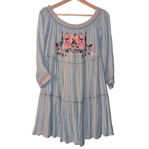 Free People Sunbeams Embroidered Boho Off Shoulder 3/4 Sleeve Lined Mini Dress - Picture 2 of 13